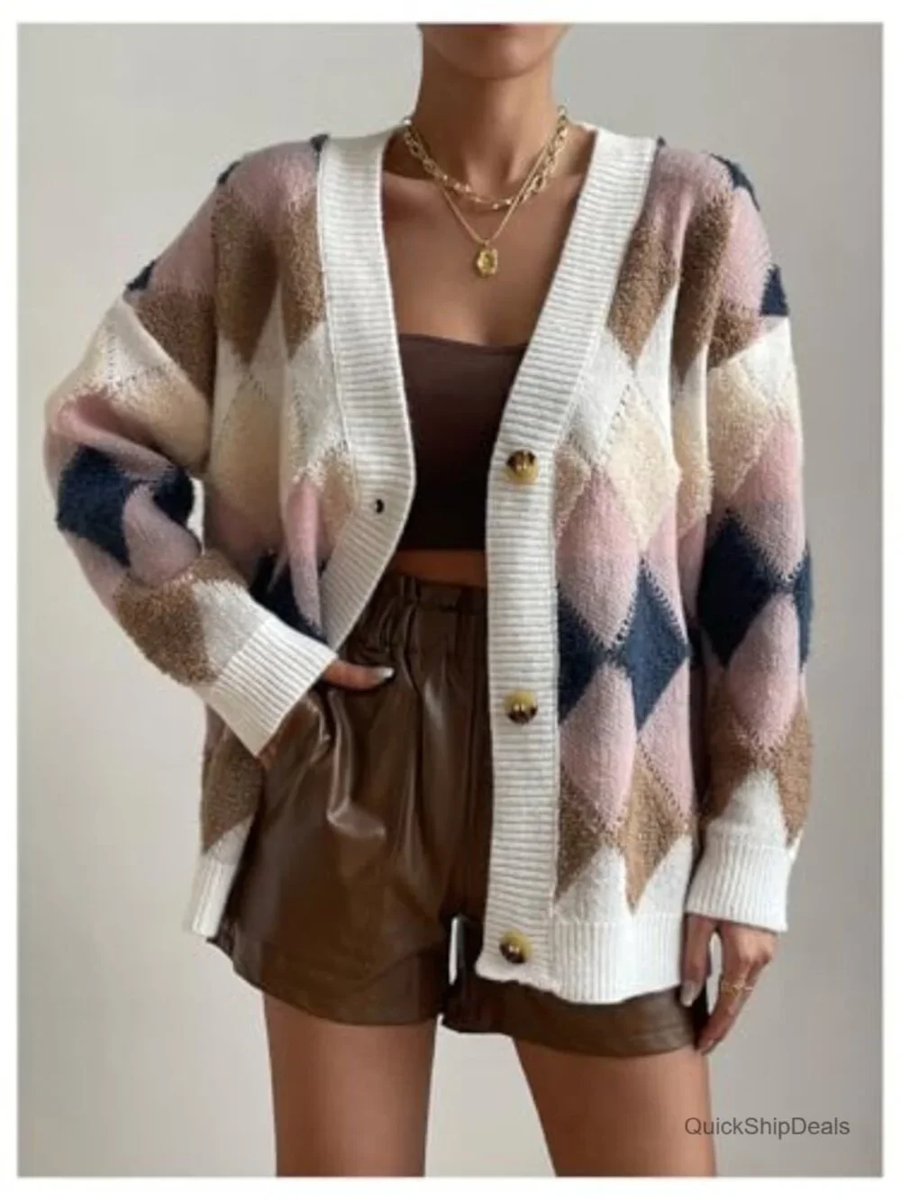 Argyle Plaid Button Down V Neck Long Sleeve Cardigan Sweater